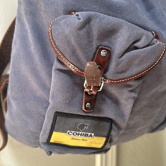 Polo Ralph Lauren RL Co Blue Canvas Brown Leather Backpack with Patches AS IS - Picture 2 of 16